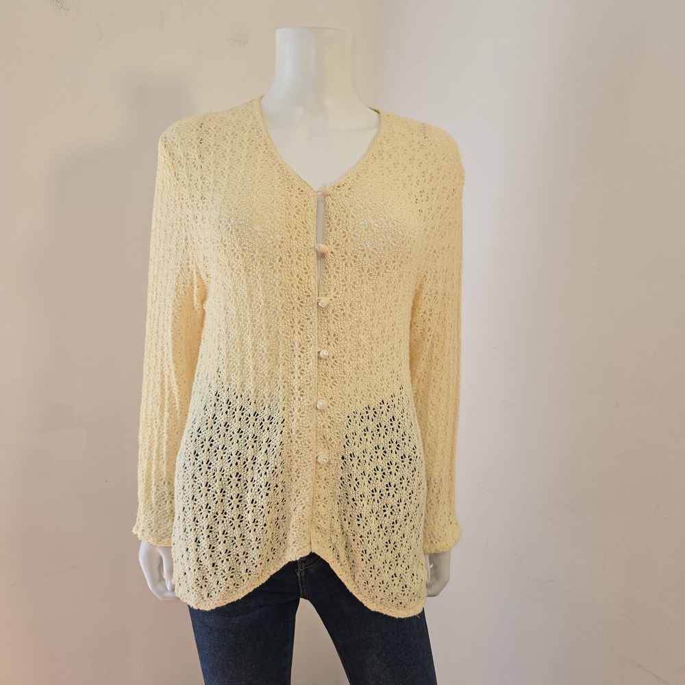 April Cornell Trading Cardigan Sweater Size M Open Weave Pointelle Knit Buttonup